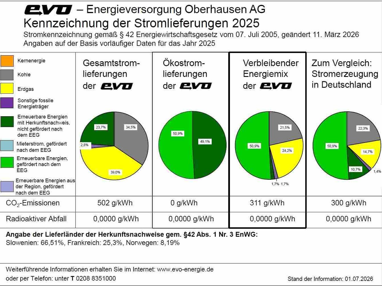Ein Bild mit Kuchendiagrammen ist zu sehen. In diesen wird dargestellt, wie sich der Strom der evo zusammensetzt.